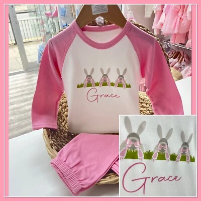 Personalised Girls Easter Pyjamas 0-10y Pink Bunny Rabbit Bum Butterfly 2024 — 第 1/4 张图片