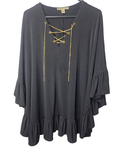 MICHAEL KORS donna taglie forti 2X nero oro catena stringata top maniche con volant