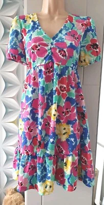 New PRIMARK Bright Multi-Coloured Floral SMOCK DRESS Stretch SIZE 12 NWOT  - Image 1 of 4