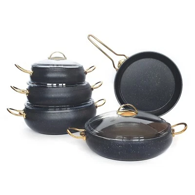Granite Cookware Set Non-Stick Pot Pan Glass Lid Cooking Frypans 9 PCS Black - Image 1 of 4