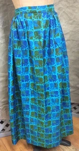 VINTAGE MAXI SKIRT Long SILK ELEPHANTS Hand Made Blue Green OOAK 27.5" waist 6 S - Picture 1 of 5