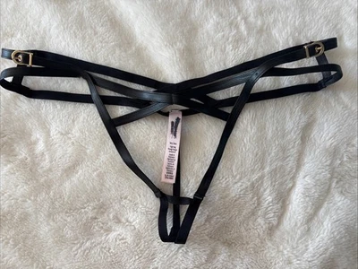 Victoria's Secret 内裤高腿丁字裤内裤黑色人造皮革绑带小号 — 第 1/4 张图片