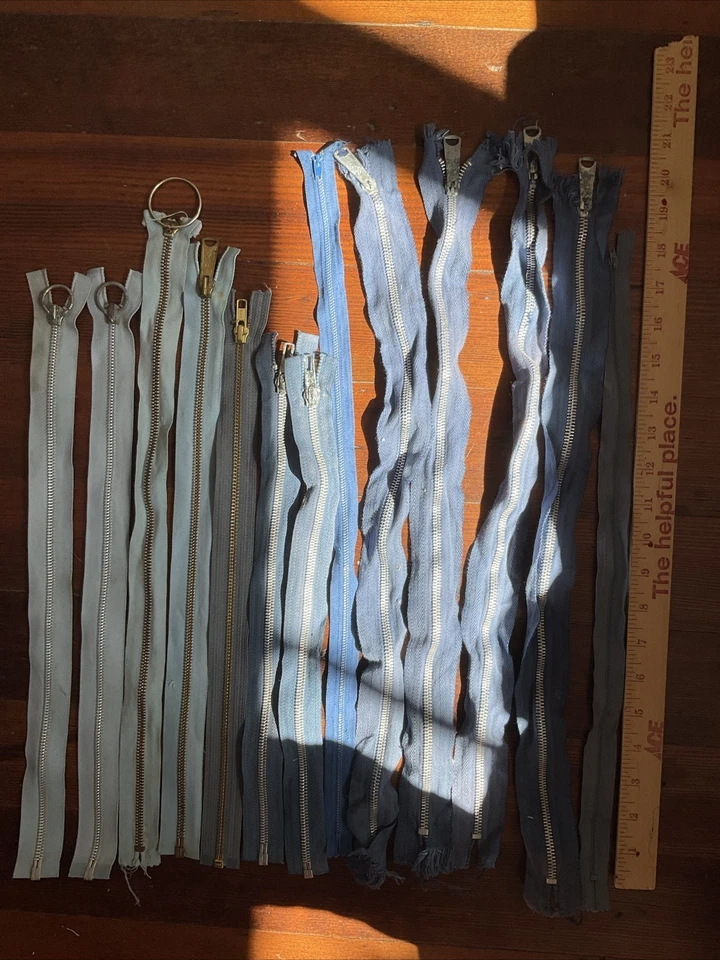 "Lote de 13 cremalleras metálicas de dientes grandes vintage tonos azules extremo cerrado 14""-20""" Foto 1 de 3