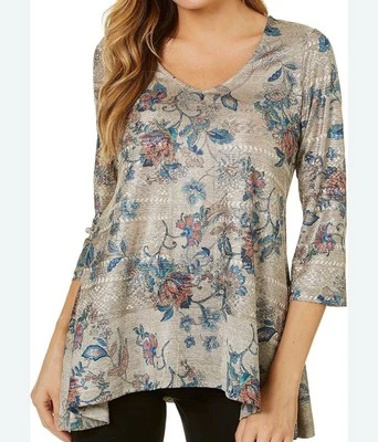 Túnica feminina OneWorld manga 3/4 tricô mordida de tubarão, ouro nostálgico 3x artístico - Imagem 1 de 4