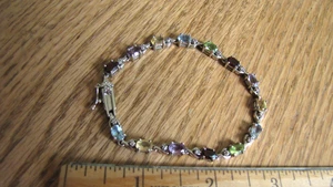 Sterling Silber 925 verschiedene Edelsteine Tennis Armband mit Sicherheitsverschluss 7 1/2" - Bild 1 von 7