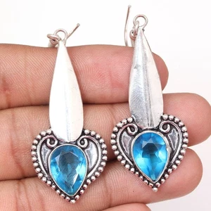 Swiss Blue Quartz Gemstone Handmade Silver Jewelry Earrings 1.5'' - Picture 1 of 7
