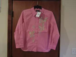 NEW BOB MACKIE WEARABLE ART RHINESTONE BLING! EMBROIDERED BUTTERFLY PINK SHIRT M - Picture 1 of 8