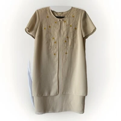 Vestido Vintage Studio I Off White Talla 10p Abuela-core Cuentas Flores Amarillas Foto 1 de 4