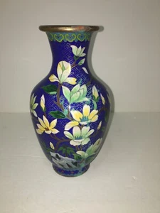 Vintage Cloisonné Messing & Emaille blau mit Blumenvase - Bild 1 von 5