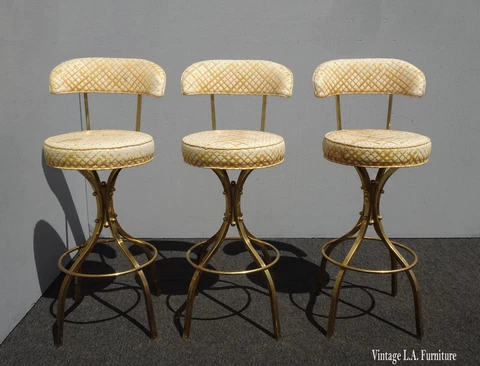 Three Vintage Bar Stools Mid Century Yellow Swivel Barstools Hollywood Regency Cover