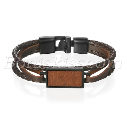 Мужчины ретро плетеный многослойный кожаный ремень пряжка дерева ярлык браслет манжета - Изображение 1 из 2