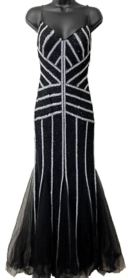 Tony Bowls Paris Beaded Maxi Mermaid Dress Formal Pageant Prom Black Silver 8 - Image 1 of 4