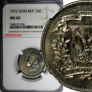 DOMINICAN REPUBLIC 1972 25 Centavos NGC MS65 GEM Mintage-800,000 KM# 20a.1 (028) - Picture 1 of 4