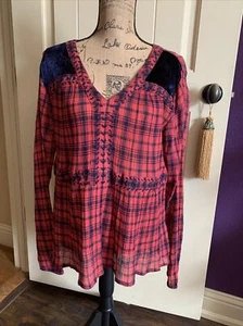 Bauernbluse rot marine Gaze Samt Stickerei Langarm L 38” 28” - Bild 1 von 12