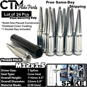 24x 4.5" Tall 12x1.5 Chrome Spline Spike Lug Nut + Key Fit 6-Lug Wheel Model - Picture 1 of 4
