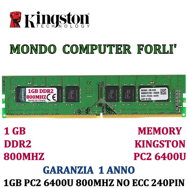 1GB (1X1GB)MEMORIA/RAM KINGSTON DDR2 PC2 800MHZ 2RX8 NOECC PC FISSO ALTA DENSITÀ - Immagine 1 di 1