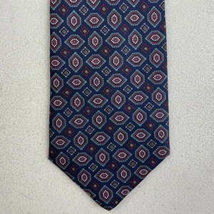 Vintage Seidenkrawatte geometrisch Blumen 70er Kachelmuster dunkelblau/rot/türkis - Bild 1 von 4