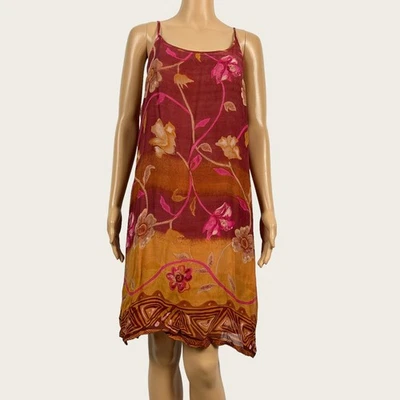 Sacred Threads MEDIUM LARGE Floral Print Shift Sun Dress Artsy Art To Wear Rayon - Image 1 of 4