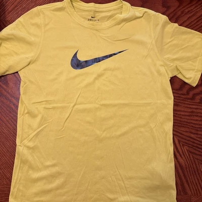 Boy’s Nike Dri Fit Yellow Athletic T-Shirt With Blue Logo Size Large - Image 1 of 4