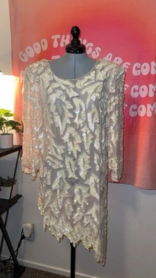 Vintage Sequin Embellished Asymmetrical Hem Sheer Dress Size 16 Ivory - Image 1 of 4