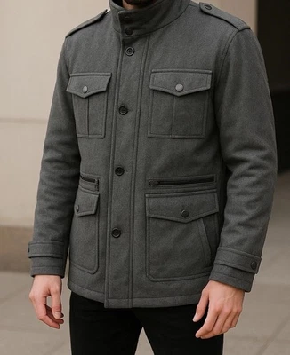 Michael Kors Jacket Men L Charcoal Button Up Wool Blend Military Field Utility - Image 1 of 4