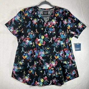 Cherokee Womens Large Scrub Top V Neck  W/pockets Ribbon Floral Medical #166 - Picture 1 of 9