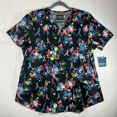 Cherokee Womens Large Scrub Top V Neck  W/pockets Ribbon Floral Medical #166 - Image 1 of 4