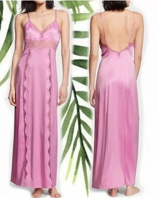 NWT Victoria's Secret Pink Satin LaceTrim Slip Dress Lingerie Maxi Nightgown XS - Image 1 of 4