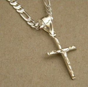 Lady's Girl's Silver Plated Round Cross Charm 20in Long 3mm Figaro Chain Set - Picture 1 of 4