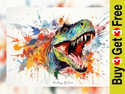 Impresión rugiente T-Rex 5"x7" en papel mate | Arte explosivo acuarela dinosaurio Foto 1 de 4