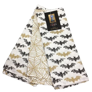 3 Cynthia Rowley Halloween Kitchen Towel Set Gold Spiderwebs Black Bats Decor - Picture 1 of 7