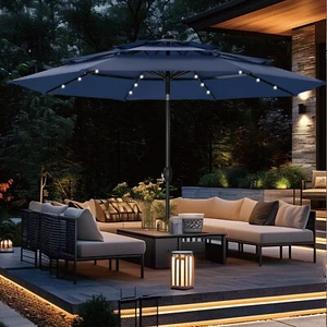 10FT 3 Tier Patio Umbrella LED Lights Solar Market Umbrella w/Tilt Crank Outdoor - Picture 1 of 13