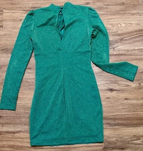 Gold Sparkle Green Prom Mini Dress Long Sleeves Herringbone Design Unique Sz L - Picture 1 of 5