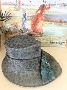 FLASH SALE! Signature by Deborah Derby Hat Rhinestone Flowers Blue Cheetah Print - Picture 1 of 12