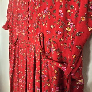 Y2k 90's Erika II & Co 2XL Deep Red M Cottagecore Floral Midi Dress Button Tie - Picture 1 of 20