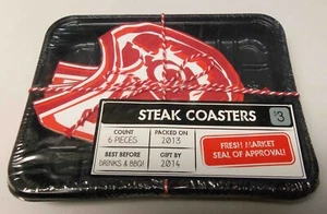 STEAK MEAT BEEF SHAPED CARDBOARD COASTER SET IN DELI TRAY 24 COASTERS Novelty - Picture 1 of 3