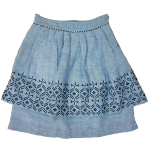 Anthropologie Odille Women Sz 4 Blue Linen Cotton Embroidered Tiered Skirt