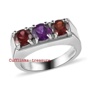 Natural Amethyst & Garnet Gemstones 925 Sterling Silver Band Ring For Men #R94 - Picture 1 of 6