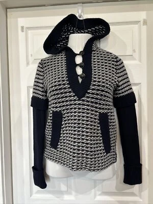 Suéter Tory Burch Azul Marino y Blanco Elegante Botón Lana Recortado con Capucha XS Foto 1 de 4