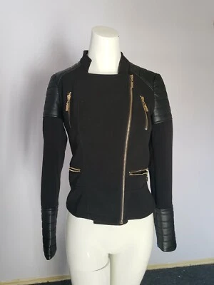 💐Forever 21💐Chaqueta Militar Negra Cuero Sintético Talla Dorada Cremallera Mujer Pequeña Foto 1 de 4