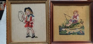 Coppia di quadri vintage con cornice punto ago cowgirl e ragazzo pesca 9"X9" - Foto 1 di 15