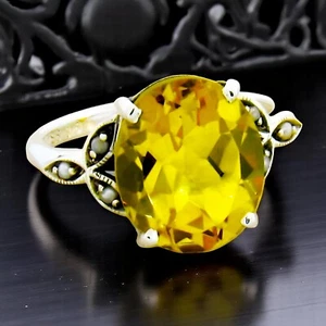 ANTIQUE STYLE 925 STERLING SILVER LAB-CREATED CITRINE & PEARL RING #383 - Picture 1 of 3