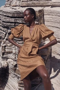 WITCHERY Textured Cotton Dress Sz 12 Caramel With Waist Tie - Picture 1 of 5