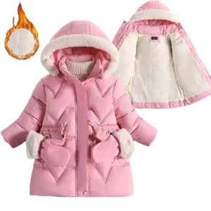 New 2-8 Years Girls Jacket Fur Collar Removable Hat Plush Heavy Hooded Kids Coat - Picture 1 of 16