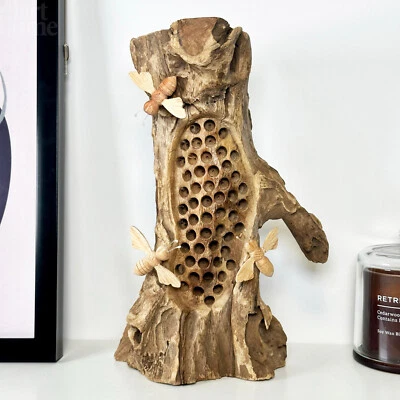 Teak Root Beehive Sculpture Hand Carved Rustic Wood 3 Honey Bees Decoration Gift - Image 1 of 4
