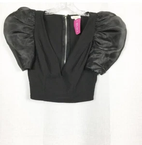 A. Peach Madonna Chiffon Puff Sleeve Plunge V-Neckline Blouse Black Women S NWT - Picture 1 of 8
