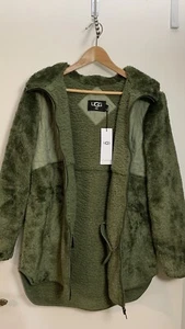 TEDDY COAT FLEECE JACKET DONNA SMALL verde oliva zip davanti nuovo con etichette LOGO UGG - Foto 1 di 19