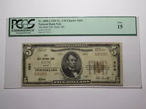 $5 1929 Bath Maine ME National Currency Bank Note Bill Charter #494 F15 PCGS - Picture 1 of 5