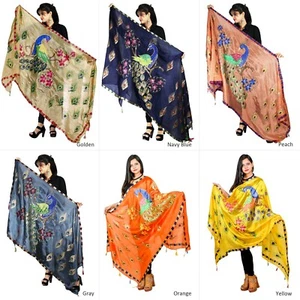 Dupatta Scarf Chunni Peacock Paint Art Silk Sarong Shawl Stole Neck Wrap Hijab - Picture 1 of 24