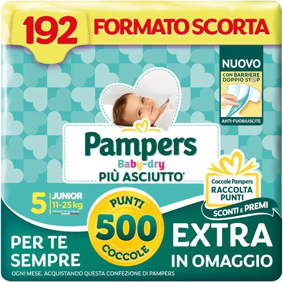 Pampers Baby Dry Taglia 5 (11-25kg) 192 Pannolini +500 Punti Coccole Extra - Immagine 1 di 4